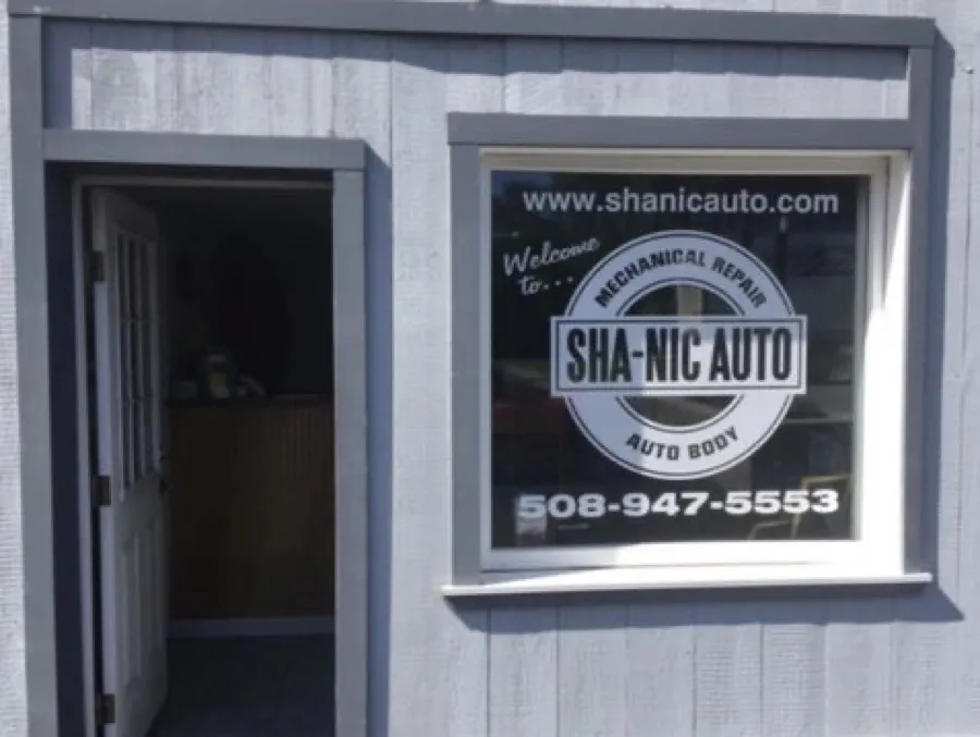 Sha-Nic Auto Body & Repair storefront window in Lakeville, MA